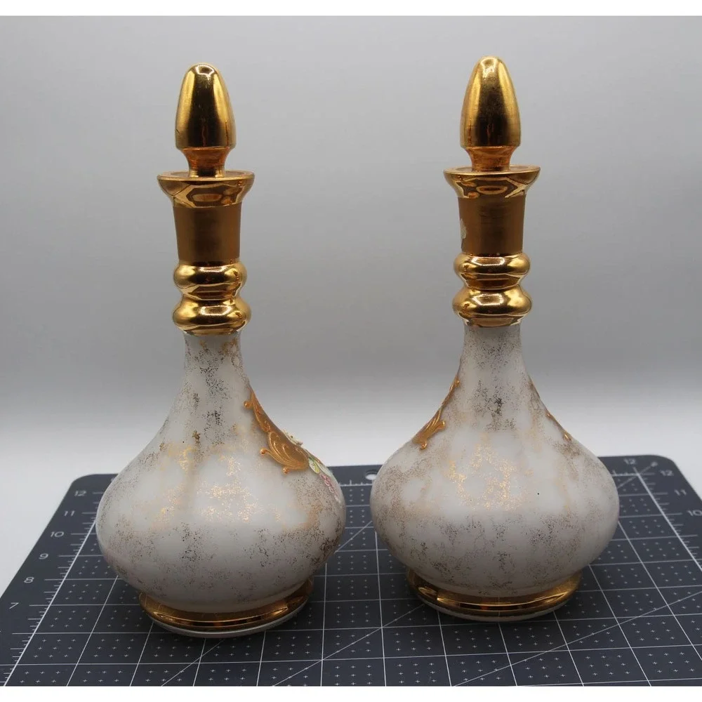 Vintage Genuine Bohemia Glass Decanters Pair Gold Encrusted Floral White 9.5in